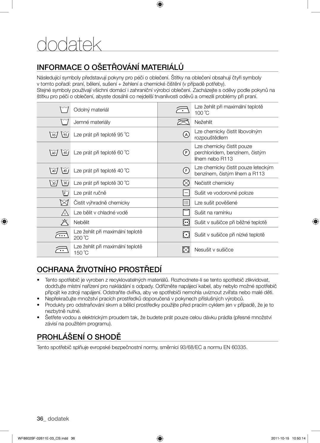 Samsung WF8602SFV/XEH, WF8500SFV/XEH Informace o ošetřování materiálů, Ochrana životního prostředí, Prohlášení o shodě 